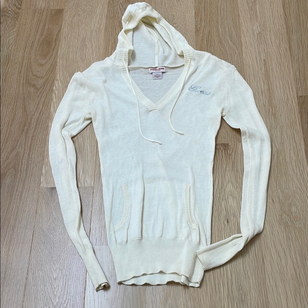 Guess Cream V-Neck Hoodie Sweater